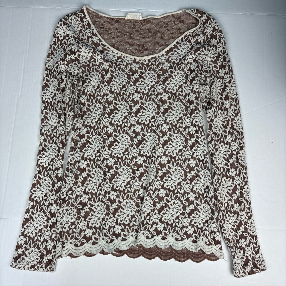 Crystal K Women's Large Shirt Brown Cream Lace Long Sleeve Sheer Nylon Spandex